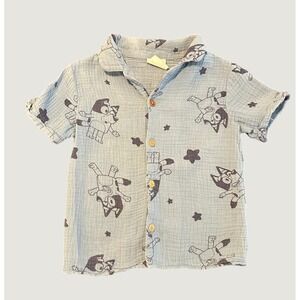 Bluey Blue Cotton Gauze Button Down Shirt Short Sleeve 3T Happy Threads 1525